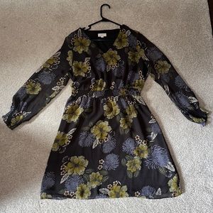 Loft long sleeve grey floral empire waist dress. Large